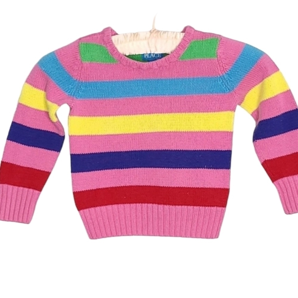 CHILDRENS PLACE Cotton Acrylic Rainbow Colours Stripes on Barbie Pink Sweater 3T